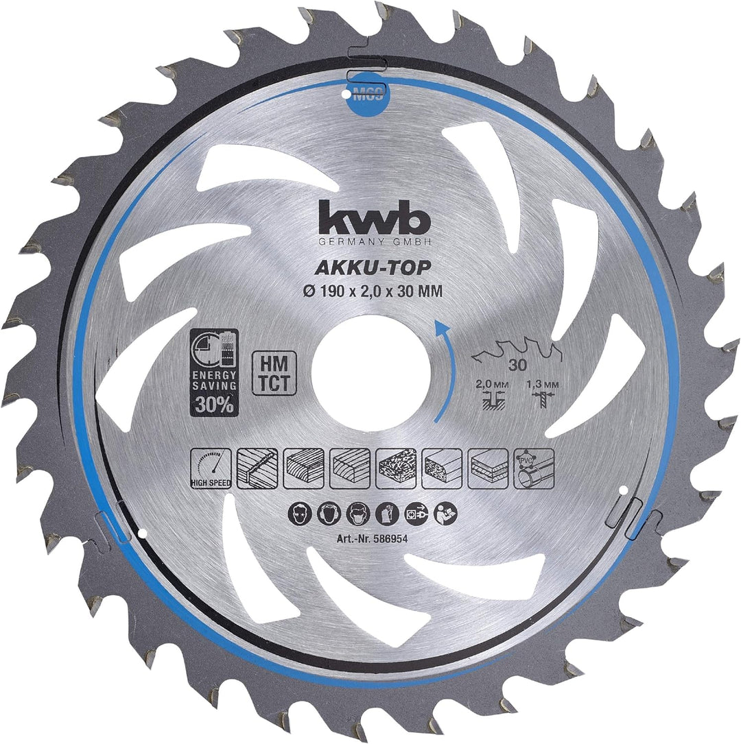 kwb Kreissägeblatt 190 x 30 mm, leichtgängig, speziell für Akkumaschinen, Sägeblatt geeignet für Wei