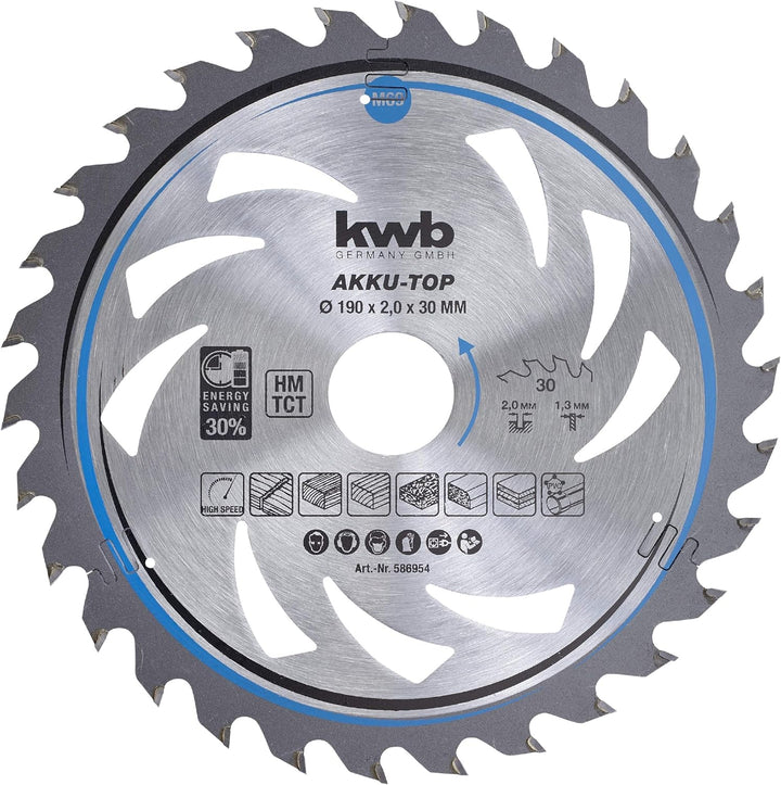 kwb Kreissägeblatt 190 x 30 mm, leichtgängig, speziell für Akkumaschinen, Sägeblatt geeignet für Wei