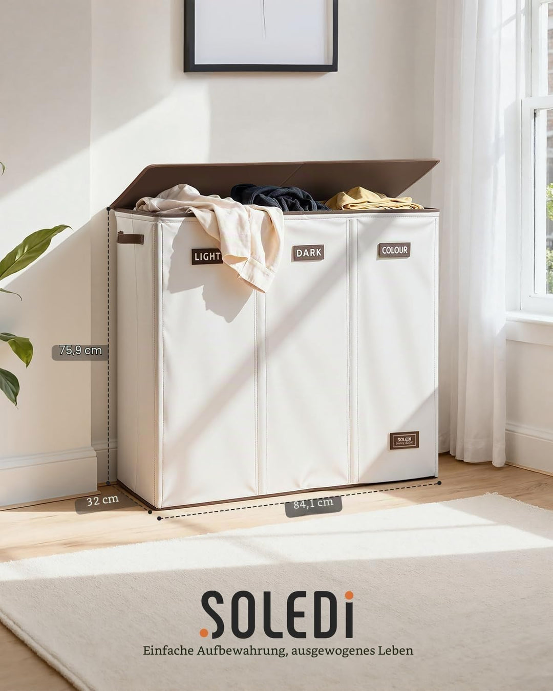 SOLEDI 200L Wäschekorb, Wäschesammler 3 fächer mit Deckel und 3 Wäschesack - Wäschesortierer Gross X