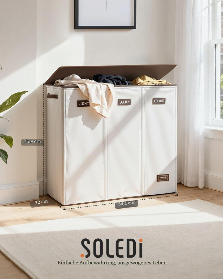 SOLEDI 200L Wäschekorb, Wäschesammler 3 fächer mit Deckel und 3 Wäschesack - Wäschesortierer Gross X