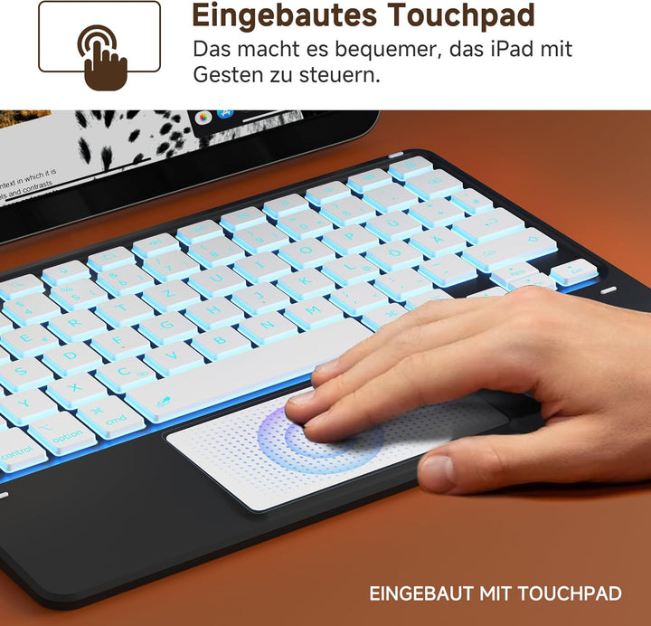 CACOE Bluetooth Tastatur mit Touchpad, Kabellose mit 7 Farben Beleuchtete | QWERTZ Tastatur Kompatib