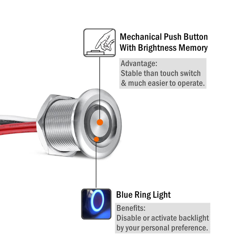 Obeaming DC 12V Dimmer PWM LED Dimmschalter 4 Drähte Druckschalter Edelstahl Hole 19mm für Wohnmobil