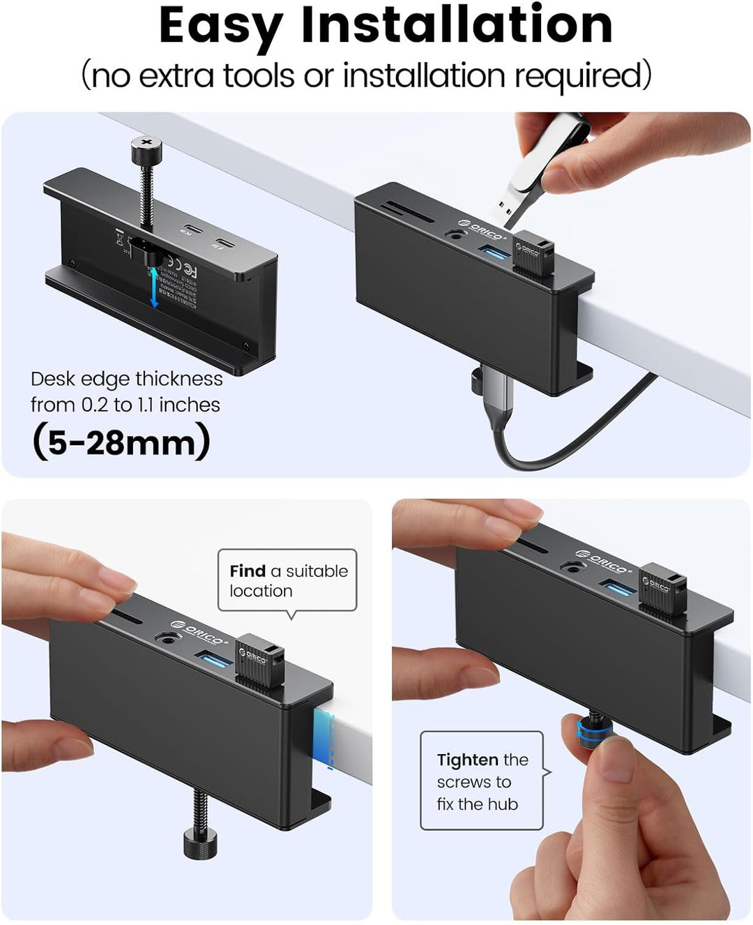 ORICO Clip-Typ USB Hub mit SD/TF Kartenleser, 5 in 1 USB Hub 3.0 mit 2 Typ A 3.0 Ports, 3.5 mm Audio
