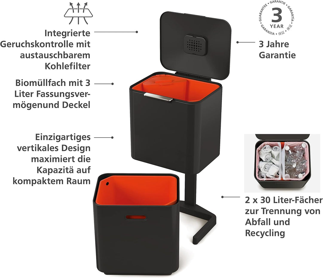Joseph Joseph Totem Max Mülltrenner und Recycling, Kücheneimer, 60 l, Schwarz 60L Schwarz Single, 60