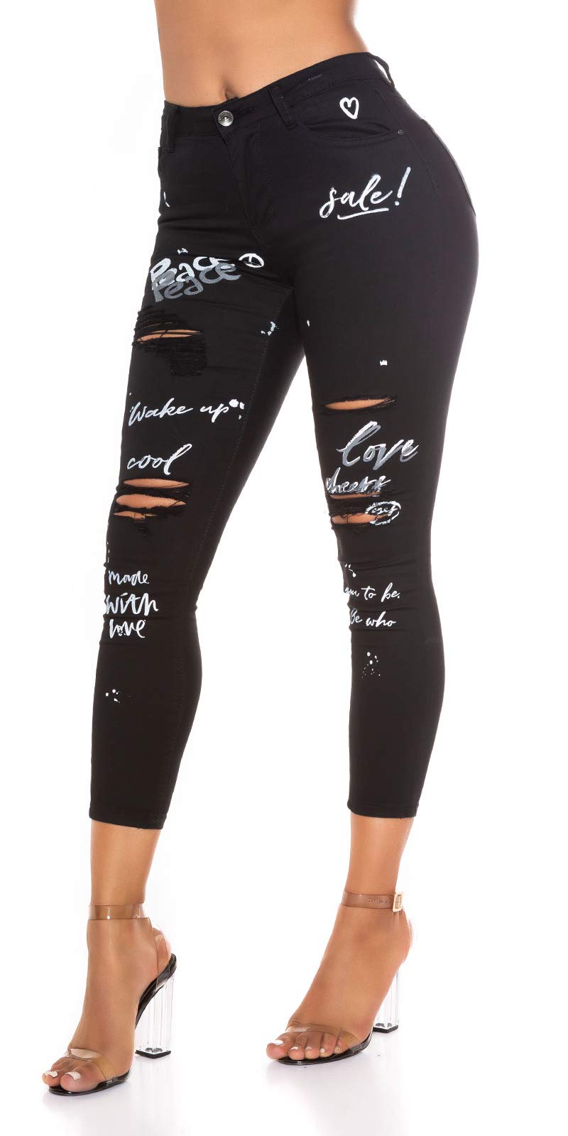 Miss RJ Jeans High Waist Damen Skinny Jeans Jeanshose Used Look mit Schriftzug Print 36 Schwarz, 36