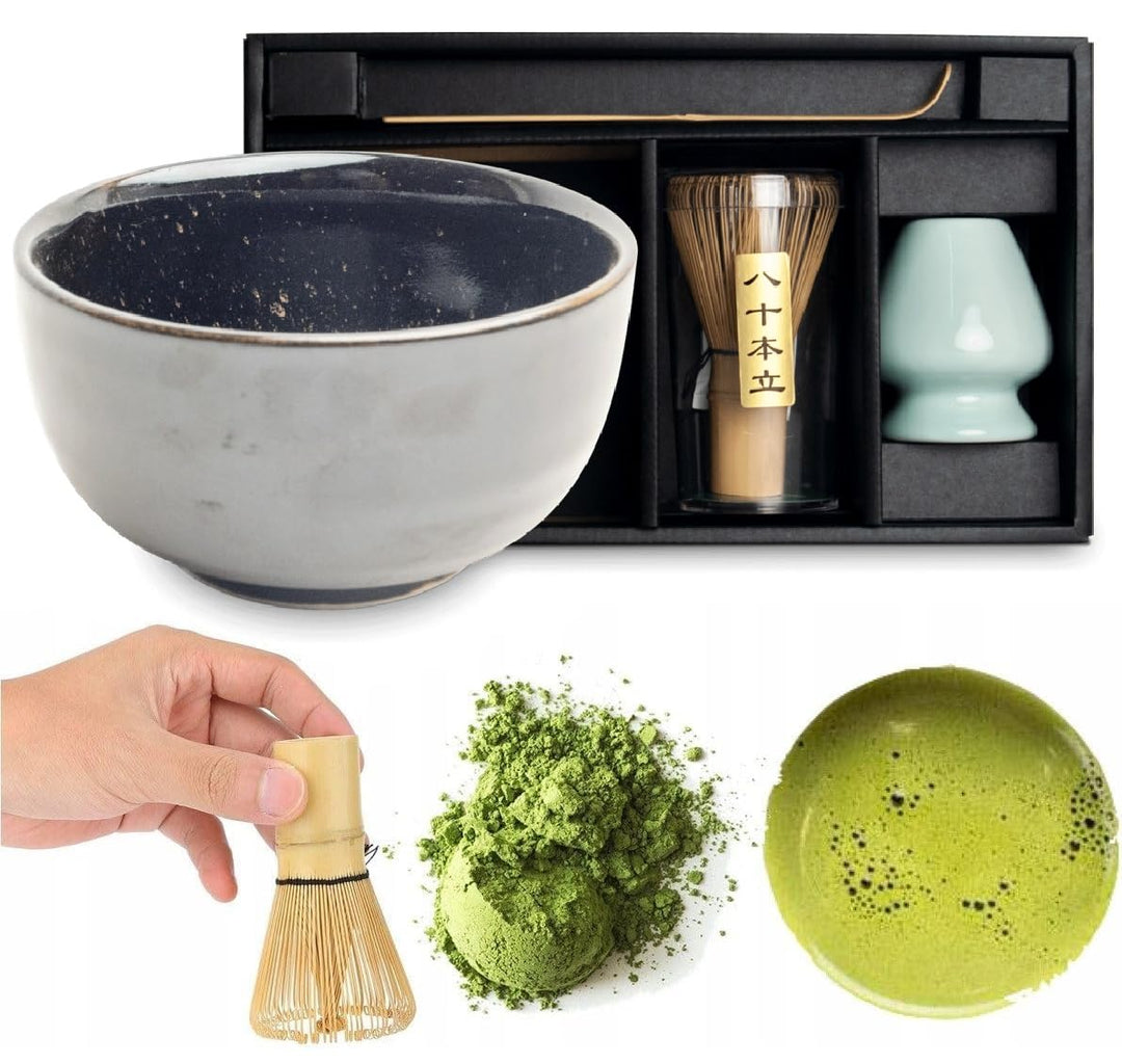 Matcha Set 4 tlg. Original japanische Schale mit Besen & Löffel Edo Japan Geschenkverpackung mit Mat