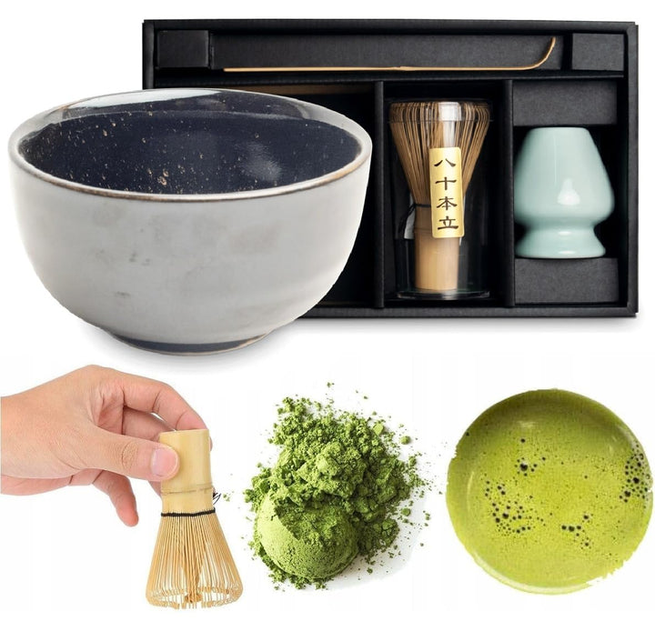 Matcha Set 4 tlg. Original japanische Schale mit Besen & Löffel Edo Japan Geschenkverpackung mit Mat