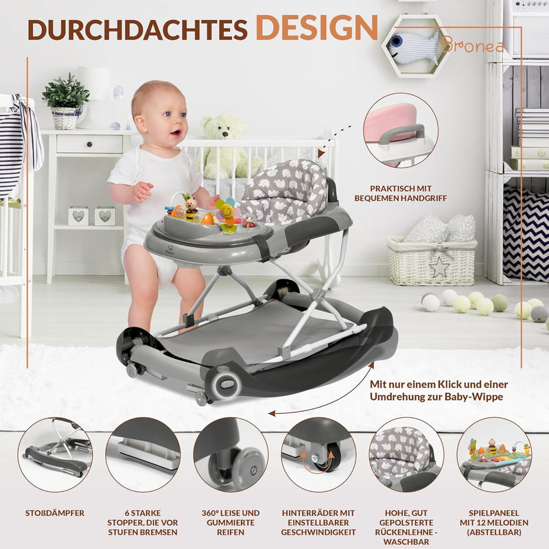 BRONEA 4-in-1 Gehfrei Baby ab 6 Monate | Lauflernwagen mit Schaukelfunktion und Spielpaneel mit Musi