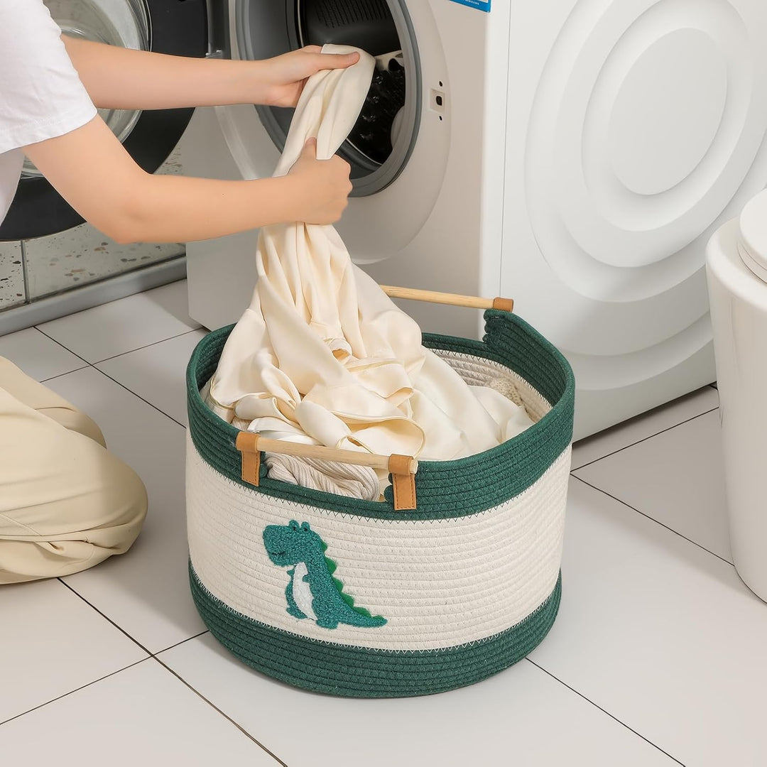 Grosser Aufbewahrungskorb aus Baumwollseil mit Dinosaurier-Stickmuster, Grosser Deckenkorb 35L Baumw