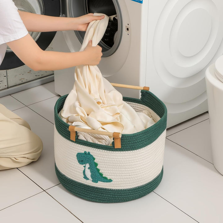 Grosser Aufbewahrungskorb aus Baumwollseil mit Dinosaurier-Stickmuster, Grosser Deckenkorb 35L Baumw
