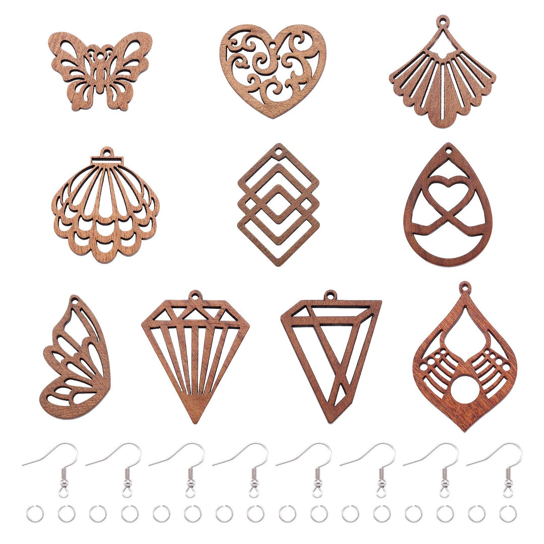Ohrring-Set aus natürlichem Walnussholz, lasergeschnitten, Tropfenform, Raute, Schmetterlingsflügel,