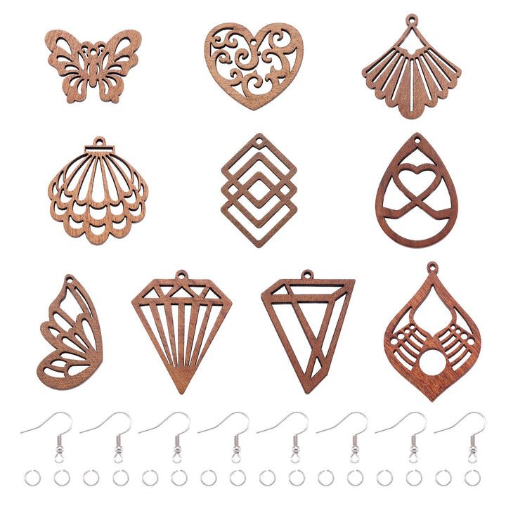 Ohrring-Set aus natürlichem Walnussholz, lasergeschnitten, Tropfenform, Raute, Schmetterlingsflügel,