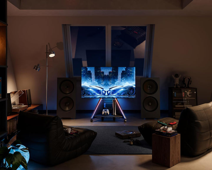 FITUEYES Design Gaming TV Ständer Rollbar, TV Standfuss für 32–65 Zoll TVs bis 40 kg, mit Vielseitig