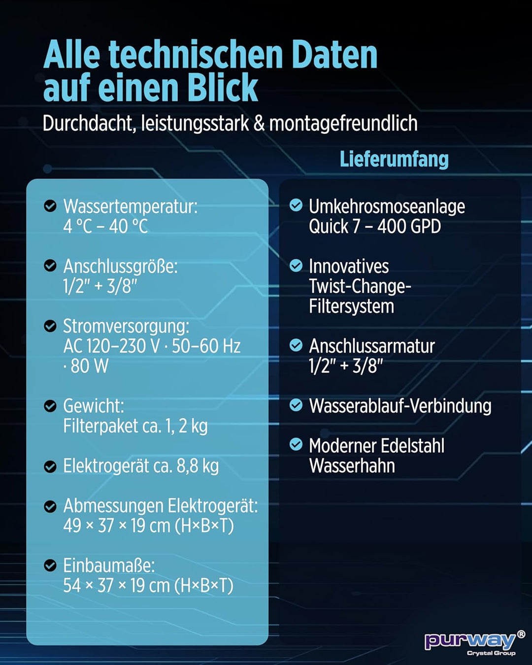 PUR Booster Quick 7 Stufen Umkehrosmoseanlage 400 GPD ohne Tank