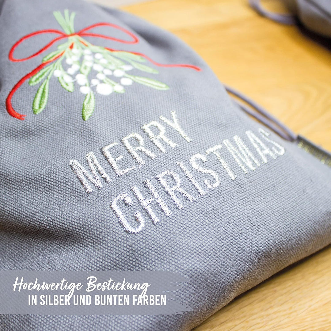Papierdrachen Geschenkverpackung Weihnachten 2025 - Stoffbeutel 3er Set - 20x30 cm - grau - mit Stic
