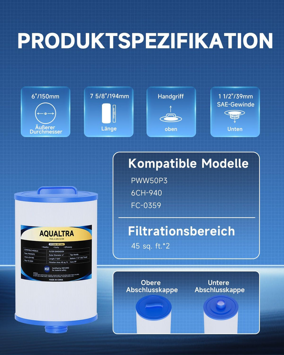 AQUALTRA Spa Filterkartuschen Kompatibel mit PWW50P3(39MM Grobgewinde), 6CH-940, FC-0359, 817-0050,