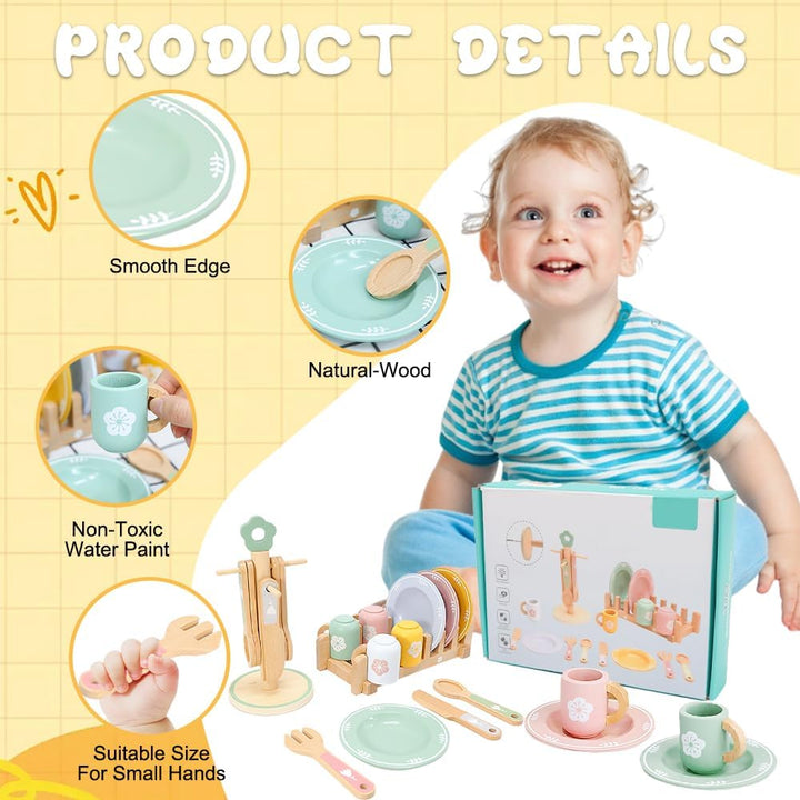 Teeservice Kinder Holz, Kinderküche Geschirr mit Tassen Teller, Spielküche Zubehör Puppengeschirr Ho