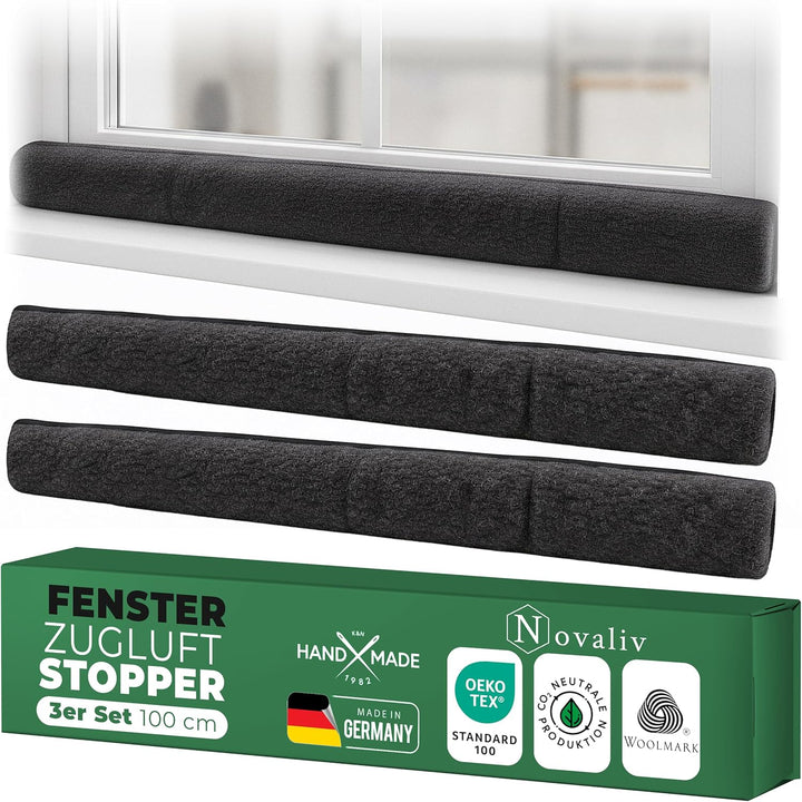 Zugluftstopper für Fenster 100cm Anthrazit Schurwolle – stoppt Zugluft & Kälte, dämpft Lärm/Staub/Li