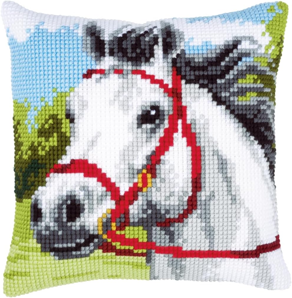 Vervaco weisses Pferd Kreuzstichkissen/Stickkissen vorgedruckt, Baumwolle, Mehrfarbig, 40 x 40 x 0.3