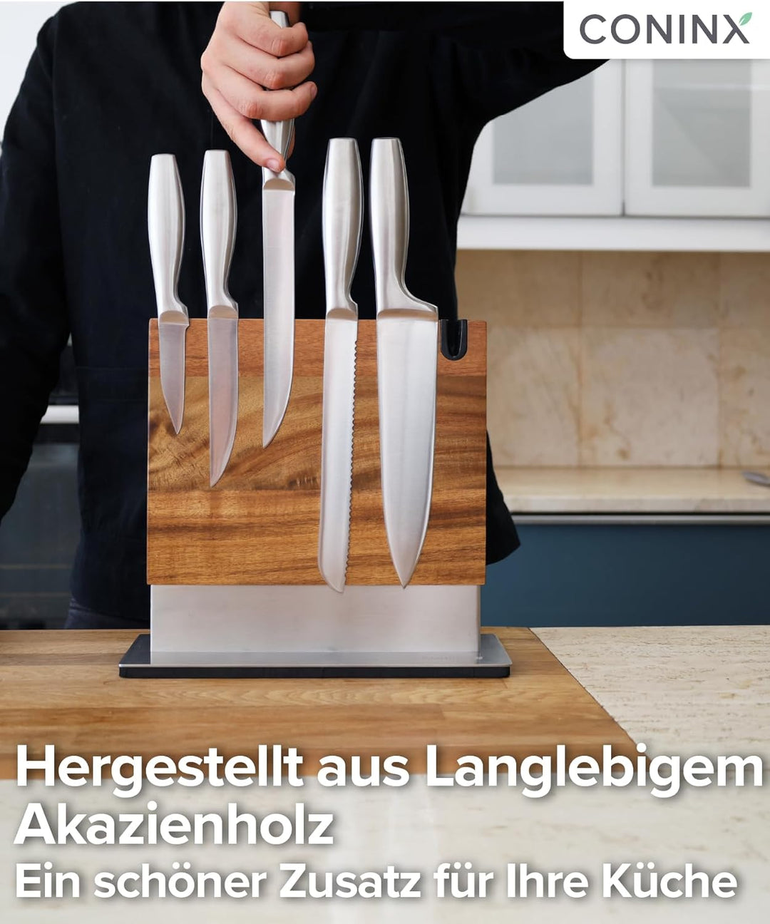 Coninx Magnetischer Messerblock mit integriertem Schärfer – Zweiseitiger Messerhalter aus Akazienhol