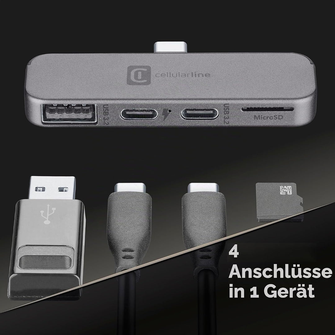 Cellularline Smartphone HUB – USB-C-Adapter mit 4 Anschlüssen (USB, 2X USB-C, Micro SD), Kompatibel