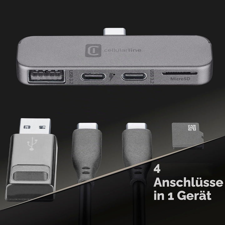 Cellularline Smartphone HUB – USB-C-Adapter mit 4 Anschlüssen (USB, 2X USB-C, Micro SD), Kompatibel