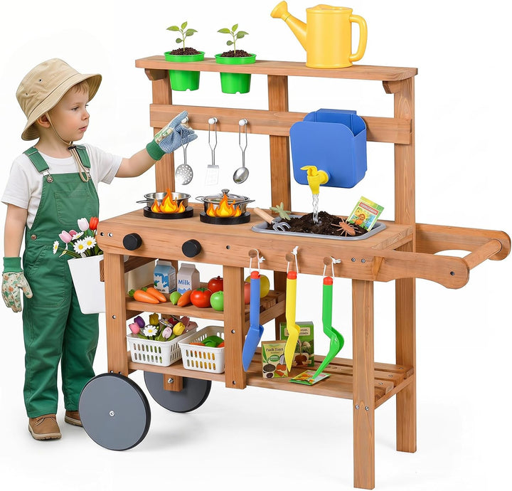 COSTWAY Matschküche Kinder Outdoor, Spielküche mit Wassertank &amp; Wasserhahn | Kinderküche mit Rädern,