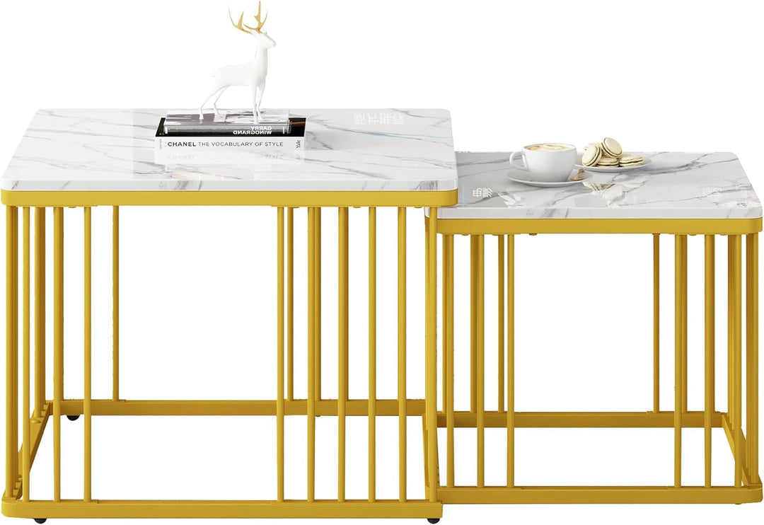 Merax Quadratisch Couchtisch 2er Set, Moderne Wohnzimmertisch mit Marmor Furnier, Hochglanz Satztisc