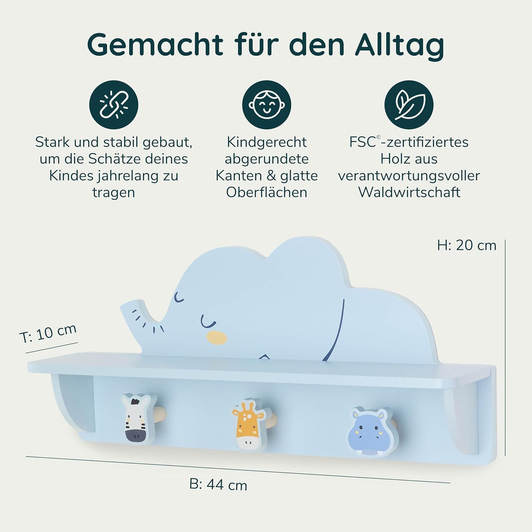 Twig &amp; Leaf Wandregal Kinderzimmer, Kindergarderobe mit Ablage und 3 Haken aus Massivholz, Schlafend