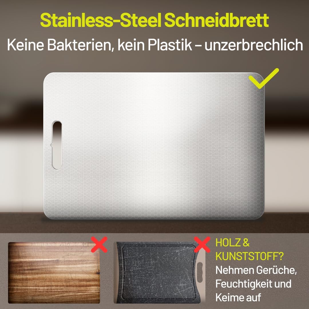 Edelstahl Schneidebrett 34×23 cm – Leicht & antibakteriell, Metall Schneidebrett mit Anti-Scratch-Mu