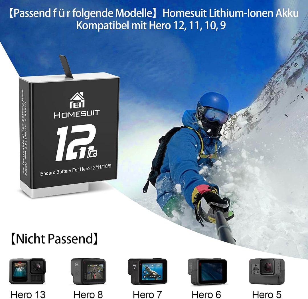 Homesuit Hero 12 11 10 9 Akku Enduro 1800mAh und 3-Kanal LCD USB Ladegerät 2er-Pack (HERO12Black/HER
