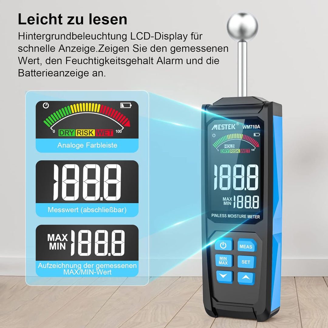 Feuchtigkeitsmessgerät MESTEK Feuchtemessgerät Feuchtigkeitsmesser mit HD-Farb-Grossbild Akustischem