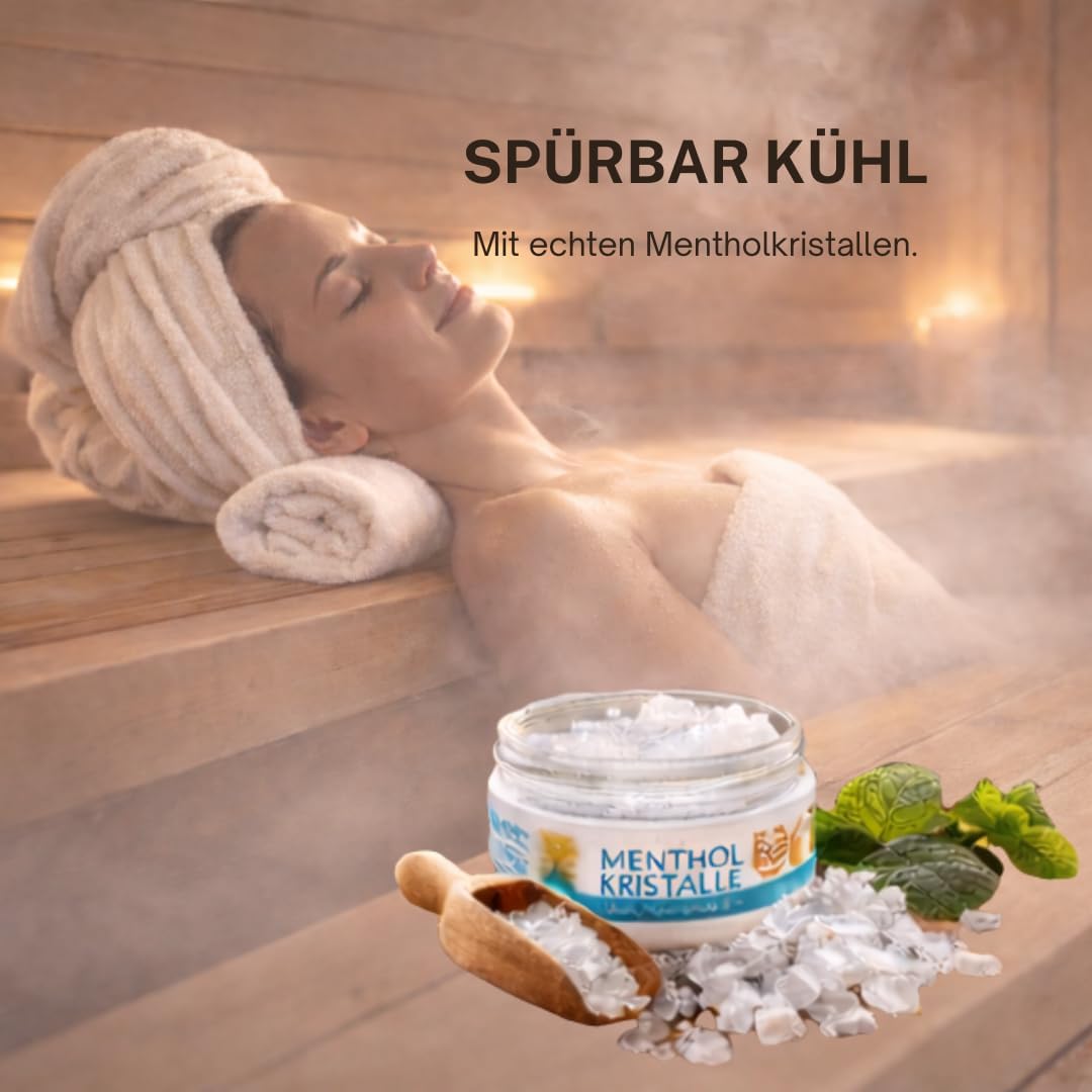 Sauna Set | KK Saunaaufgussset 4 x 100 ml + 50g Mentholkristalle | Saunakonzentrat + Menthol-Kristal