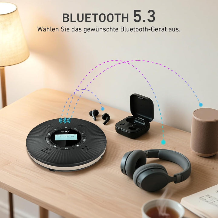 HOTT CD Player Tragbar Bluetooth CD-Player mit 4 Lautsprecher und FM-Transmitter, Tragbarer CD Playe
