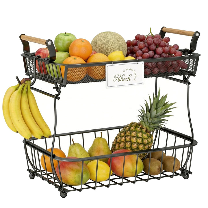Obstkorb 2-stöckig mit 2 Bananen-Aufhängern, Metall-Draht für Küchenarbeitsplatte, Gemüseaufbewahrun