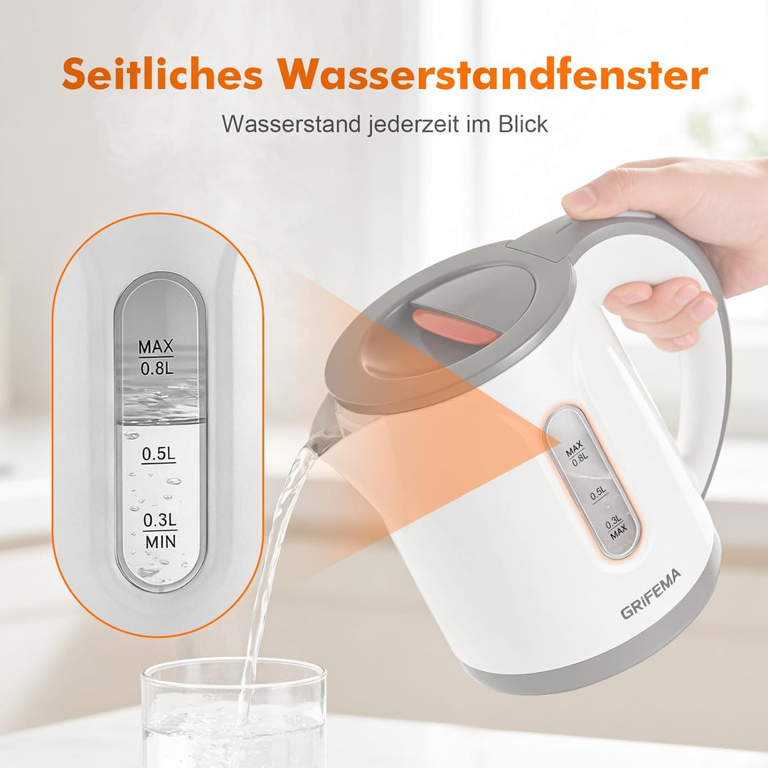 GRIFEMA Wasserkocher Klein, 0,8L, 1100W - Teekocher Elektrisch mit Kalkfilter, Kettle Leise, Schnell