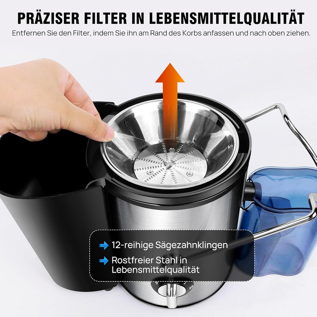 Entsafter für Obst und Gemüse in Edelstahl, Extraktor Power 400W Zentrifugaler 65 MM Einfüllöffnung