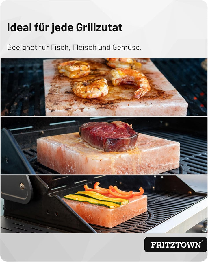 FRITZTOWN® Deluxe XL Grill Salzstein - 20x20x5 cm - 4,4 kg - Extra Stark - Feiner Geschmack durch Kr