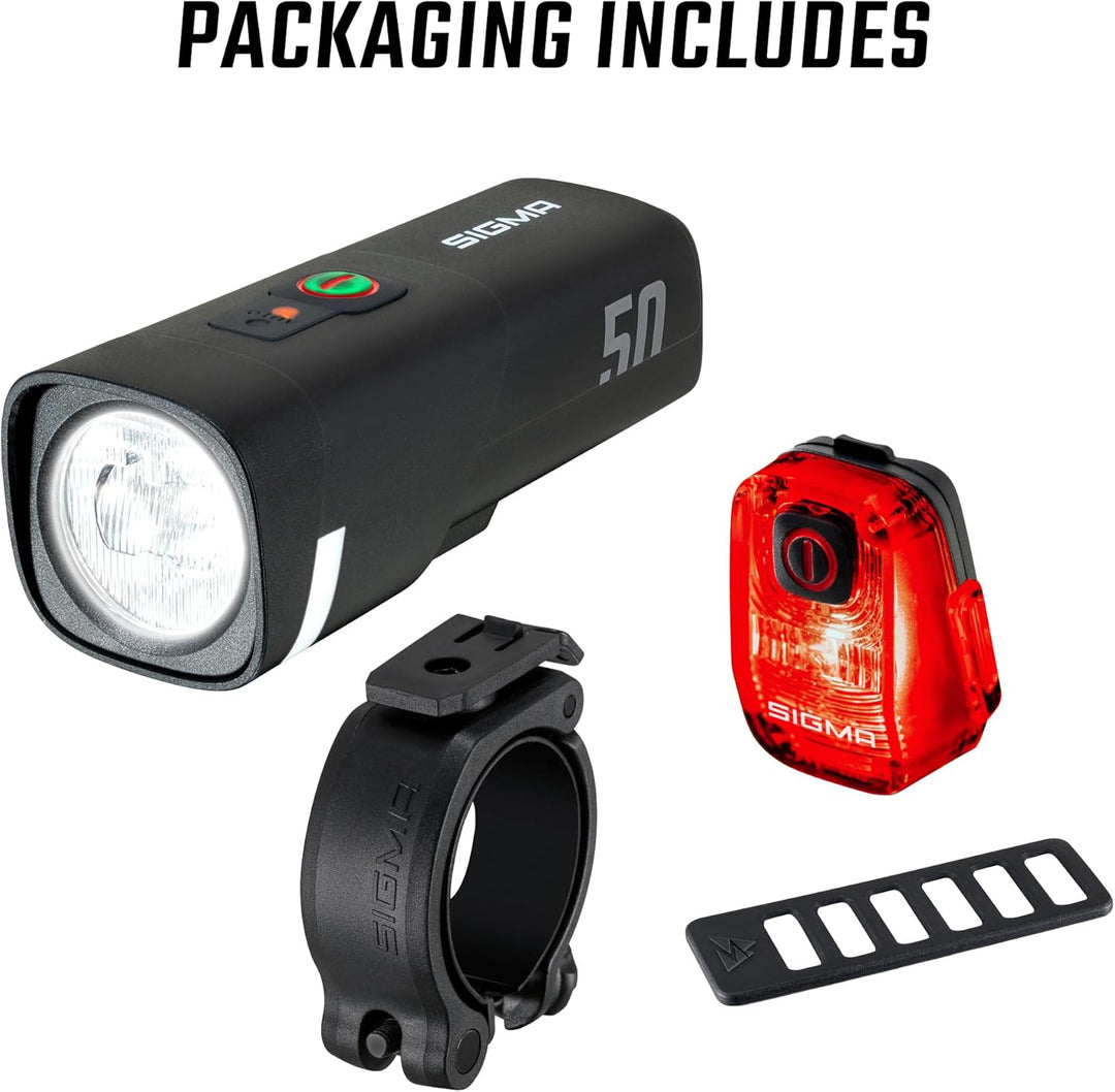 SIGMA LED Fahrradlicht Set Aura 50/ Hiro 10 | StVZO zugelassenes, akkubetriebenes Vorderlicht und Rü
