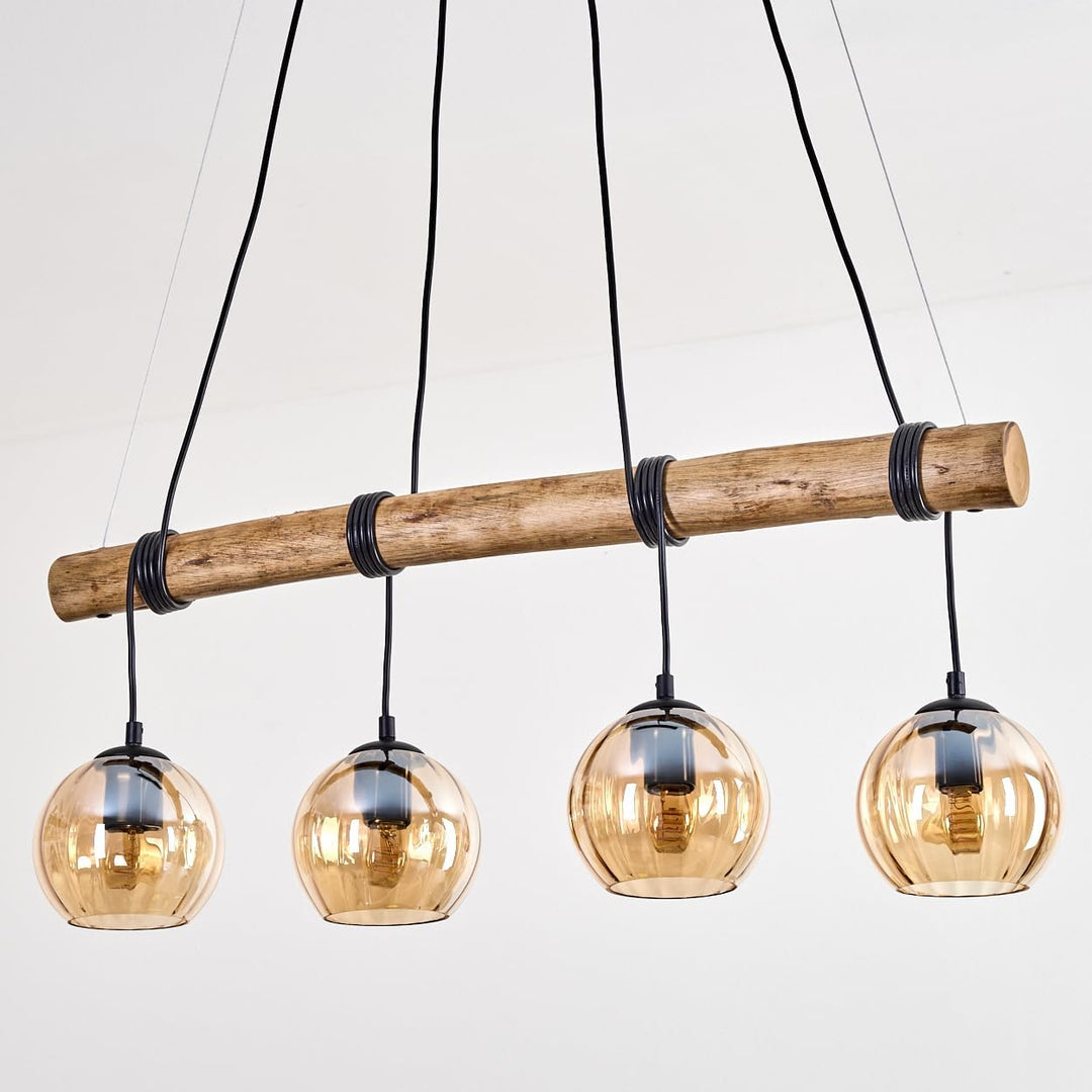 HOFSTEIN Pendelleuchte Koyoto, Hängelampe aus Metall/Holz/Riffelglas in Schwarz/Natur/Bernstein, Hän
