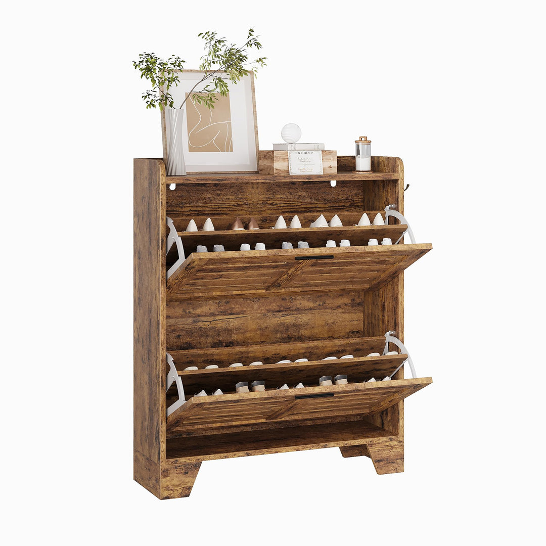 GarveeHome Schuhschrank, Schuhkommode, Schuhregal mit 2 Klapptüren, lüftende Lamellenfront & Haken,
