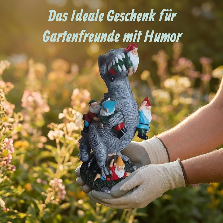 Relaxdays Gartenfigur, Dinosaurier frisst Gartenzwerge, wetterfeste Deko, Kleingarten, Kunstharz, 28