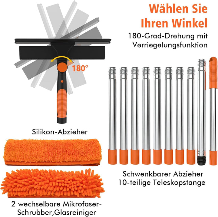 Fensterabzieher Profi Set,2-in-1 Fensterreiniger & Glasabzieher mit 4.5m Teleskopstange + 400ml Glas