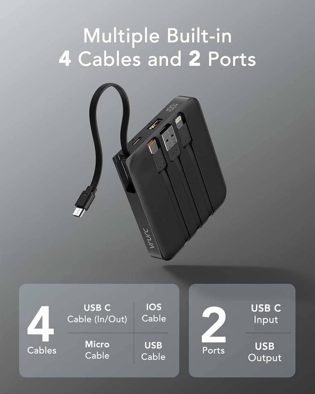VRURC Power Bank mit Kabel 10000mAh Klein USB C Powerbank Schnelles Aufladen 22.5W Mini Tragbares La