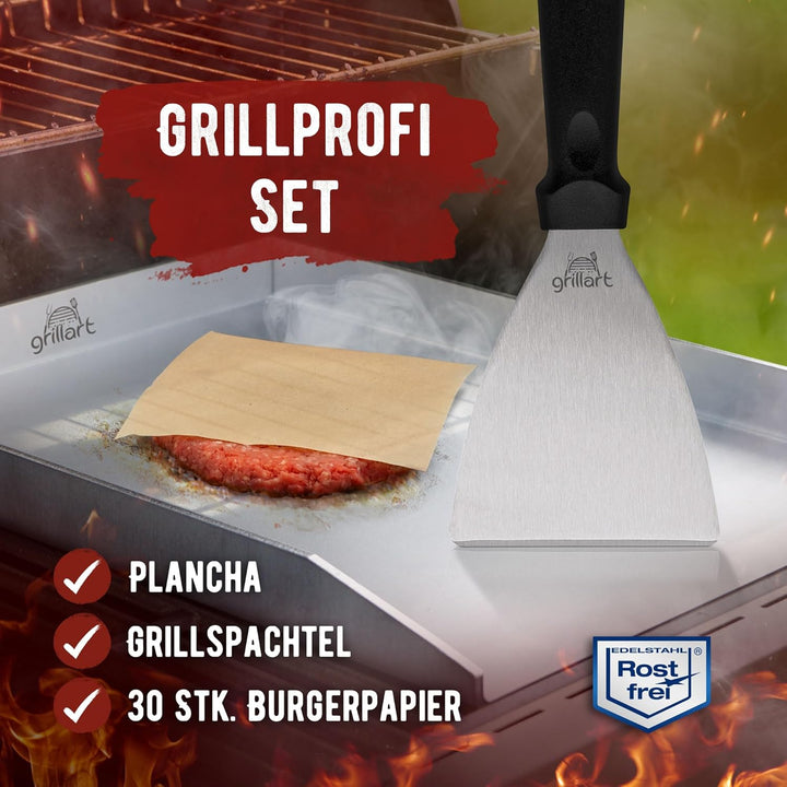 grillart® Premium Plancha Grillplatte mit Grillspachtel aus massiven 4mm Edelstahl – 30x40cm Univers