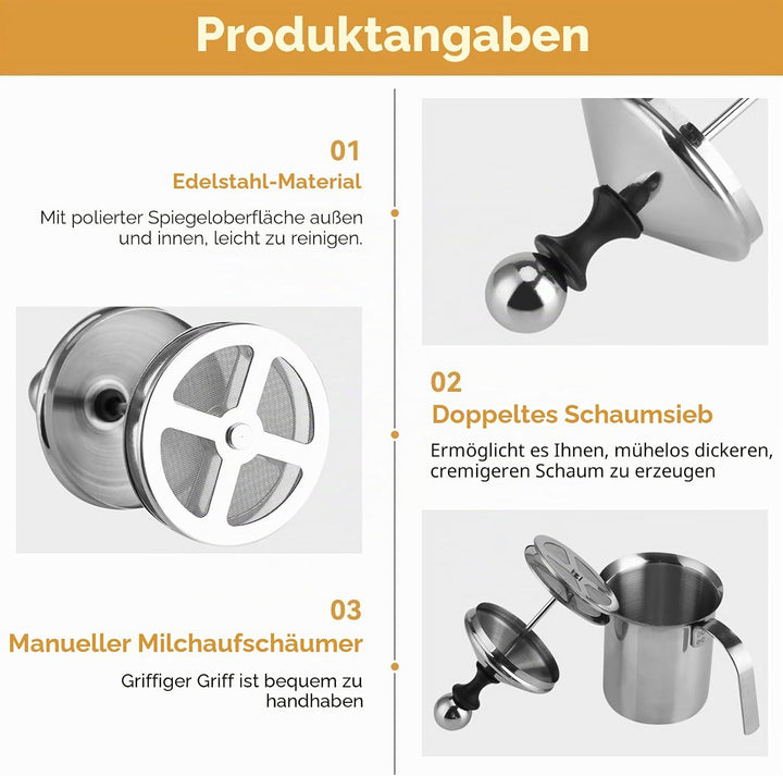 800ml de Acero Inoxidable Leche Manual Frother, Espumador Leche con Doble Colador, Jarra espumadora