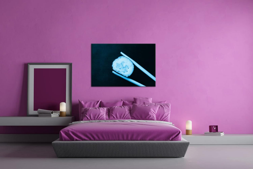 deyoli Sushi auf Essstäbchen Format 80x60 Effekt: Monocrome Blau als Leinwandbild, Motiv fertig gera