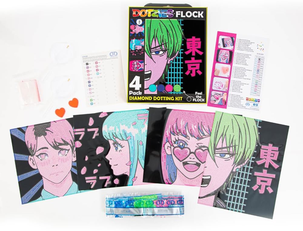 DIAMOND DOTZ Neon-Flock-Anime-Diamant-Malerei-Set für Erwachsene – bunte Diamant-Kunst-Kits, ein ent