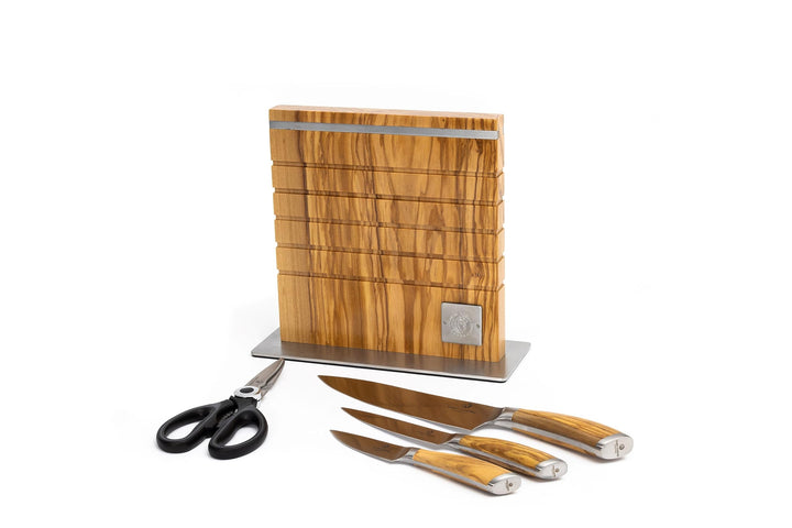 Chef Cuisine Messerset mit Messerblock Olivenholz 5-teilig – hochwertiger Messerblock magnetisch mit