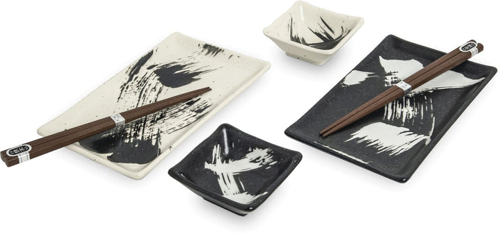 Sushiset HAKE Porzellan Sushi Set hergestellt in Japan Geschenkset schwarz-weiss zwei Sushi Teller z